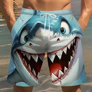 트렌디한 만화 3D 상어 프린트 비치 트렁크 퀵 드라이 드로스트링 허리 오버사이즈 캐주얼 수영 반바지 힙합 스트리트 여름 하의