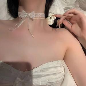 1pcs 세련되고 섹시한 리본 화이트 인조 레이스 초커 넥 액세서리 우아한 레이스 리본 초커 목걸이 초커 짧은 체인