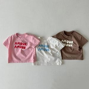 여름 한국 스타일 키즈 티셔츠 레터 프린트 코튼 반팔 어린이 탑 솔리드 컬러 얇은 부드러운 옷 소년 소녀용