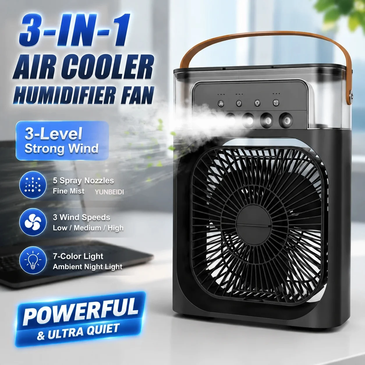 3-in-1 팬 에어컨 LED 조명 휴대용 가습기 에어컨 팬 3/4 풍속 야외 여행용 물 분사 팬