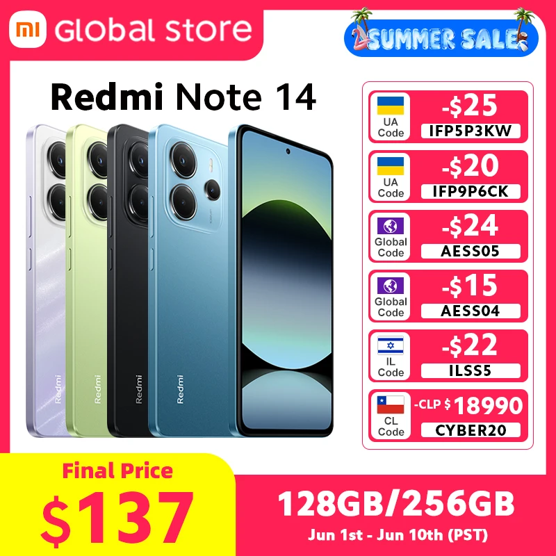 새로운 글로벌 버전 샤오미 레드미 노트 14 스마트폰 128GB / 256GB ROM 미디어텍 Helio G99-Ultra 33W 120Hz AMOLED 108MP 5500mAh