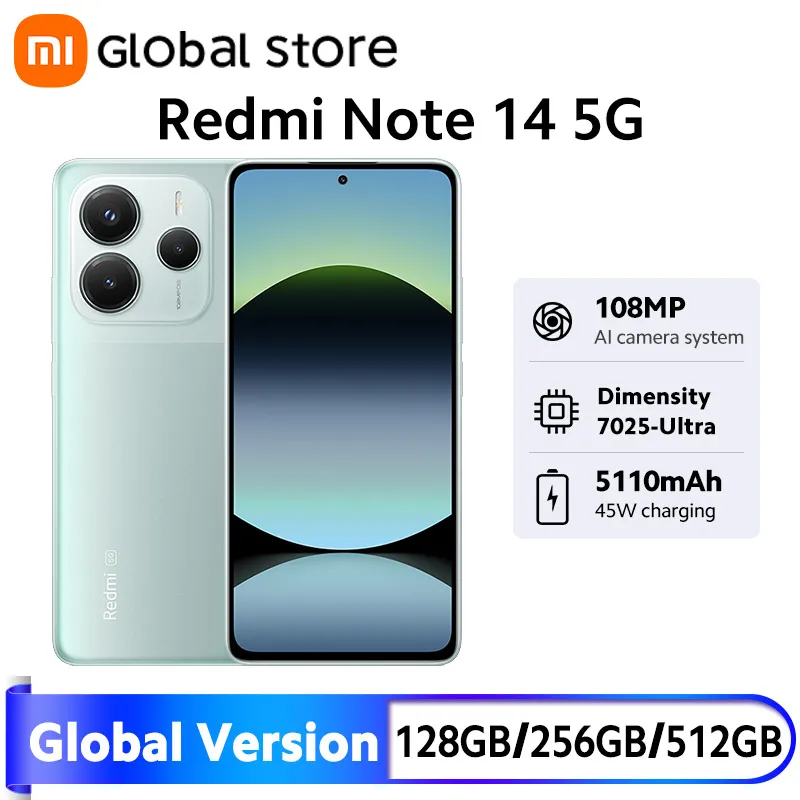 새로운 샤오미 레드미 노트 14 5G 스마트폰 글로벌 버전 45W 터보 충전 MTK 디멘시티 7025-울트라 CPU NFC 108MP 카메라