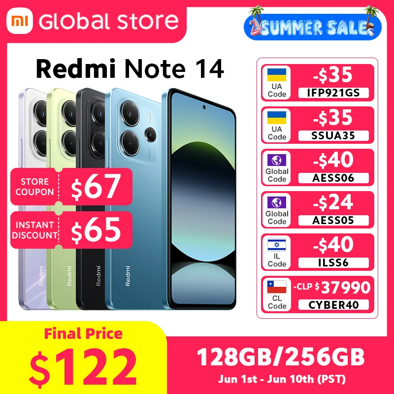 글로벌 버전 Xiaomi Redmi Note 14 스마트폰 8GB / 12GB RAM MediaTek Helio G99-Ultra 33W120Hz AMOLED 108MP 5500mAh