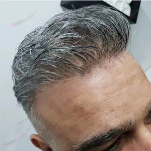 80% 밀도 경량 0.02mm 초박형 스킨 그레이 남성용 부분 가발 자연스러운 헤어라인 투명 V 루프 인모 가발