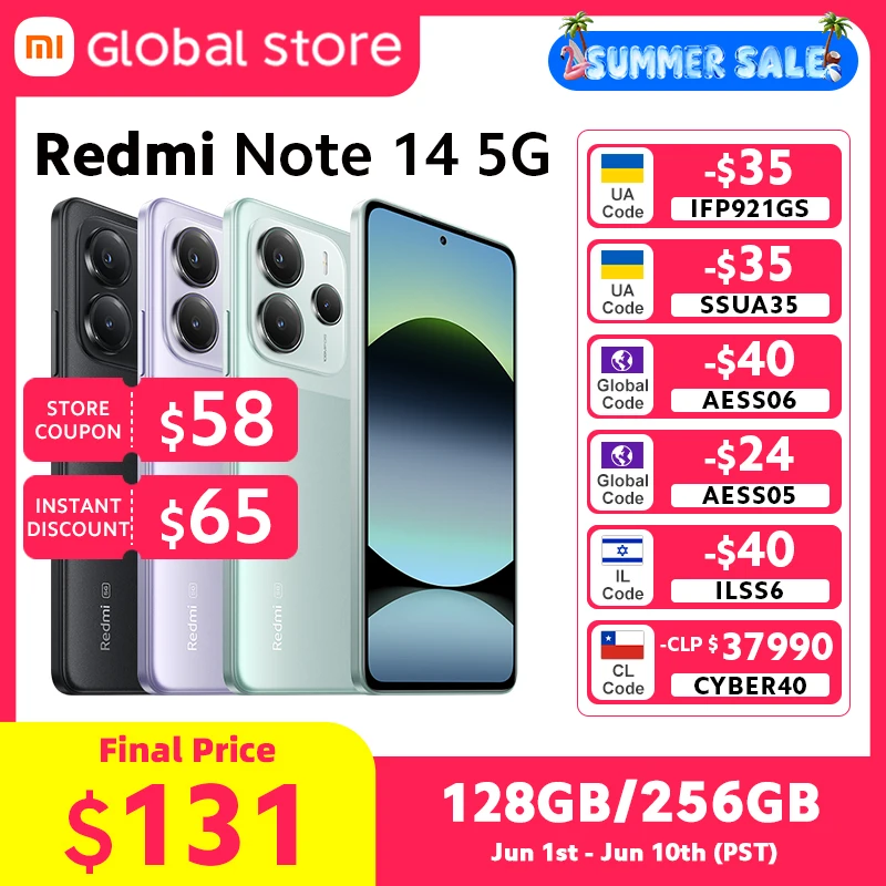 샤오미 레드미 노트 14 5G 스마트폰 글로벌 버전 NFC 108MP 128GB/256GB ROM 카메라 MTK 디멘시티 7025-울트라 45W 터보 충전