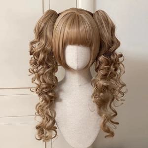 합성 프린세스 컷 더블 포니테일 로리타 가발(뱅 포함) 소녀 옹브레 금발 브라운 화이트 그레이 코스프레 할로윈 하라주쿠 가발