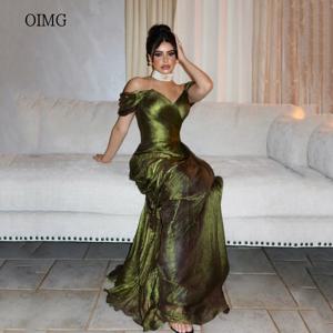 OIMG Shimmery Green Mermaid Prom 가운 오프 숄더 공식 파티 가운 사이드 슬릿 바닥 길이 이브닝 드레스 맞춤형