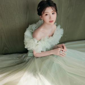 여성용 우아한 그린 이브닝 드레스, 고급 명품 동화 공연 사회자 드레스, 한국 스타일 플로럴 미드웨이스트 슬림핏