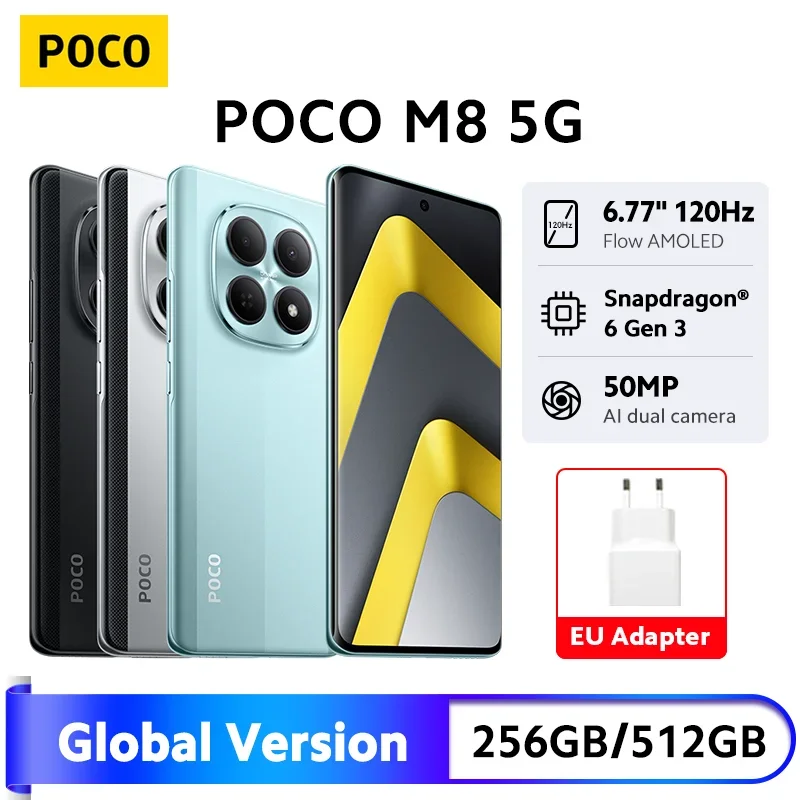POCO M8 5G 스마트폰 글로벌 버전 스냅드래곤 ®   6세대 3 6.77인치 120Hz 디스플레이 50MP 카메라 5520mAh 배터리 45W 충전 NFC