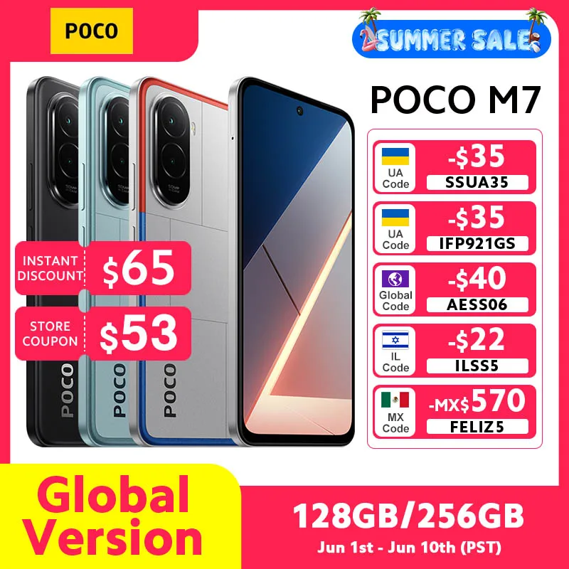 최신 POCO M7 글로벌 버전 휴대폰 강력한 스냅드래곤 685 7000mAh 배터리 몰입형 6.9인치 FHD+ 디스플레이 NFC 33W