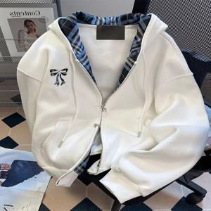 레트로 아메리칸 플래드 스플라이싱 여성용 후드티 루즈핏 가을 겨울 레이지 스타일 오픈 가디건 아우터 캐주얼 편안한 상의