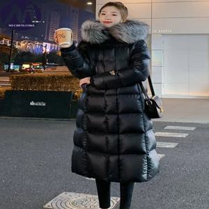여성용 우아한 후드 다운 재킷, 모피 칼라, 두꺼운 면 코트, 한국 패션, 슬림핏, 롱 파카, 겨울, 신상품, 2020