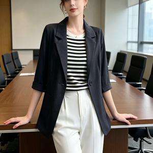 여름 얇은 흰색 블레이저 여성 3/4 소매 루즈핏 오피스 수트 재킷 우아한 비즈니스 정장 워크 코트
