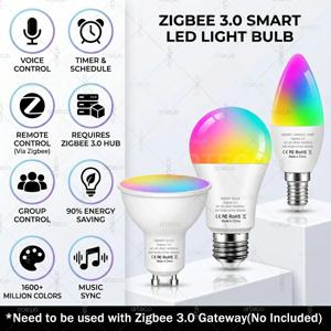 E27 E14 GU10 Zigbee 3.0 스마트 전구 RGBCW 2700-6500K LED 램프는 Zigbee2MQTT 홈 어시스턴트 Alexa Echo Plus Yandex와 함께 작동합니다.