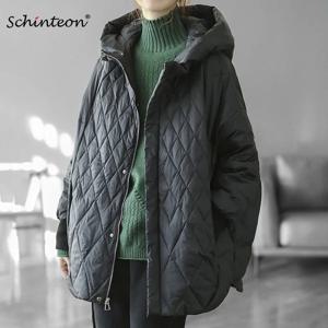 Schinteon 여성용 라이트 화이트 덕 다운 재킷, 캐주얼 루즈 오버 사이즈 아우터, 후드 코트 포함, 가을 겨울, 2024 신상