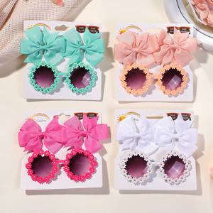 3 개/대 Cheer Bow Hairclips 어린이를위한 레트로 꽃 선글라스 인쇄 수제 Hairgripes 소녀 모자를 쓰고 있죠 안경 액세서리