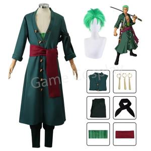 애니메이션 피규어 Roronoa Zoro 코스프레 의상 유니폼 그린 코트 바지 헤드 스카프 Roronoa Zoro 가발 귀걸이 할로윈 남성 의류