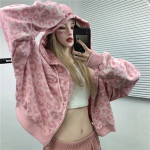 핑크 레오파드 프린트 짧은 오픈 가디건 자켓 여성용 루즈 BF 스타일 봄 가을 새로운 패션 홍콩 스타일 후드티 유행
