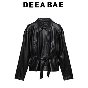 DEEABAE 가을 신상 여성용 나비 타이 벨트 패드 숄더 PU 인조 가죽 플립오버 긴 소매 숏 윈드 재킷