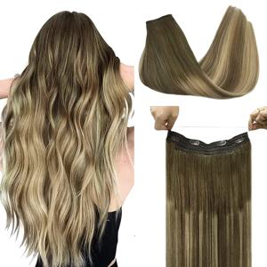 자연 인간의 머리카락 확장 보이지 않는 와이어 머리 확장 스트레이트 황금 금발 Balayage 레미 낚시 라인 4 클립