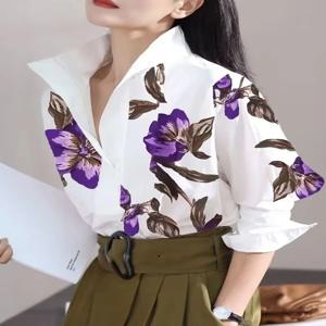 Modigirl 2025 여름 봄 캐주얼 화이트 셔츠 여성용 긴 소매 도시 우아한 스탠드 칼라 여성 꽃 프린트 블라우스 탑스