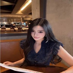 레트로 V넥 시폰 블라우스 여성 여름 디자인 감각적인 아름다운 탑 민소매 레이스 트림 출퇴근 스타일 슬림핏