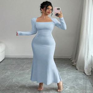 여성용 사계절 신상 우아한 분위기의 레트로 단색 스퀘어 칼라 긴팔 원피스