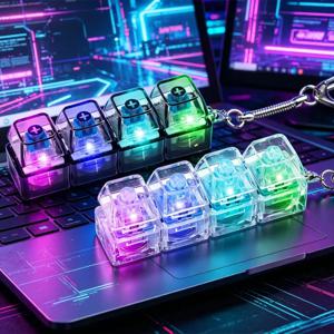 LED 조명 키체인이 있는 키보드 클리커 4키 투명 키보드 장난감 불안 완화 클리커
