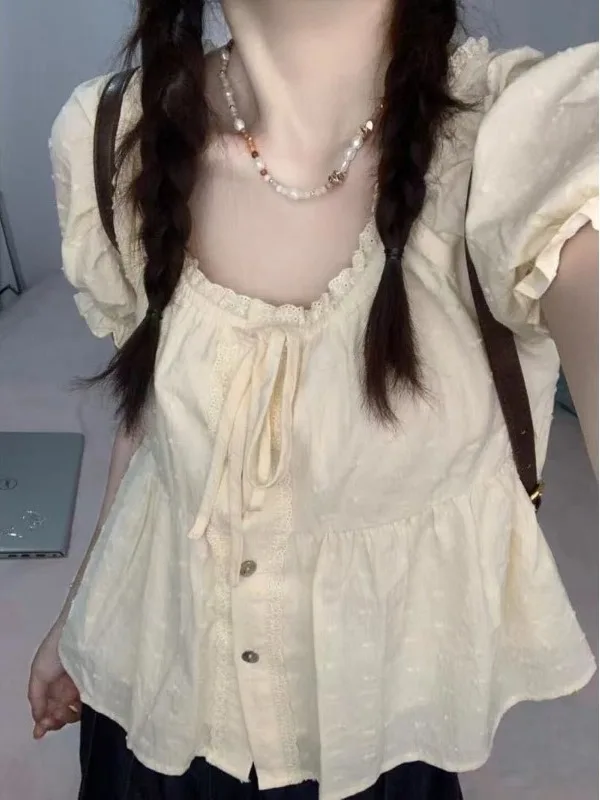 달콤한 레이스 트림 인형 셔츠 반팔 슬림핏 버블 슬리브 스퀘어 칼라 여성 여름 신상 우아한 패션 탑