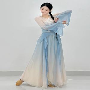 클래식 댄스 의상 점진적인 색상 변화 튤 드레스 댄스 연습복 플레어 슬리브 우아한 여성용 공연 가운