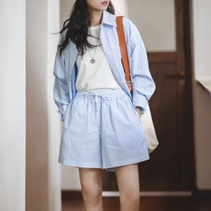 Maden-일본산 캐주얼 파란색과 흰색 줄무늬 반바지 여성용, 면, 느슨한 스포츠 넓은 다리 짧은 바지, 높은 허리 버뮤다 반바지