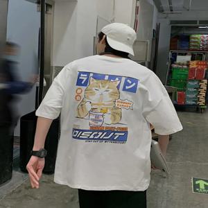 하라주쿠 고양이 만화 먹는 국수 그래픽 남성 여성 티셔츠 캐주얼 반소매 티셔츠 일본 스타일 오버 사이즈 티셔츠 의류