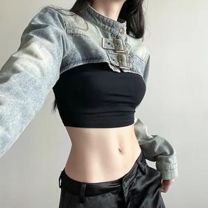 MEXZT Y2K 자른 데님 자켓 여성 빈티지 90S 섹시한 긴 소매 청바지 코트 여름 갸루 하라주쿠 streetwear 디자인 겉옷