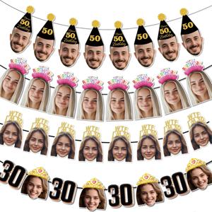 1set 8pcs 사용자 정의 생일 사진 배너 성인 생일 파티를위한 개인 얼굴 사진 깃발 배너 생일 배너를 선호합니다