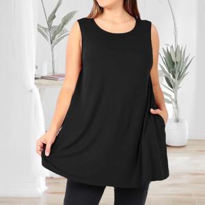 6XL 대형 여성 캐주얼 심플 민소매 루즈핏 티셔츠 여름 탱크 비치 솔리드 포켓 탑 플러스 사이즈 블랙 레드 티셔츠