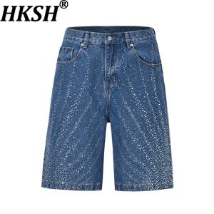 HKSH 봄 여름 신작 남성 트렌디한 빈티지 하이 스트리트 워싱 샤이니 다이아몬드 카프리 스트리트웨어 청바지 패션 반바지 HK9346