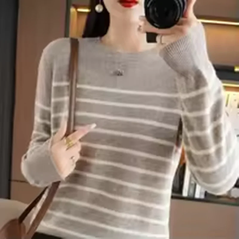 여성용 한국어 버전 듀얼 컬러 스트라이프 긴팔 라운드 넥 봄 스웨터 100% 코튼 SMY로 만든 새 풀오버 스웨터