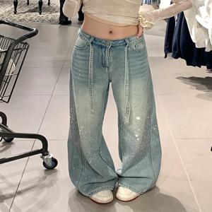 아메리칸 하이 스트리트 디자인 다이아몬드 스플라이싱 청바지 여성용 스파이시 루즈 레이지 느낌 플리스 롱 팬츠