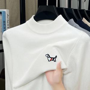 남성용 신상 봄 니트 풀오버 라운드넥 부드럽고 슬림핏 스웨터 자수 강아지 패턴 무지 남성복 상의