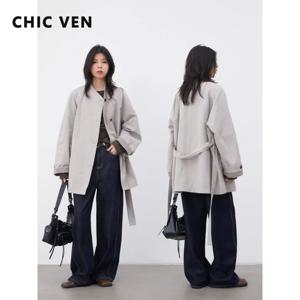 CHIC VEN 패션 여성 중간 길이 트렌치 코트 루즈핏 캐주얼 미니멀리스트 패치워크 플래드 여성용 윈드브레이커 벨트 봄 여름 2026