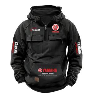 2026 새로운 YAMAHA 로고 오토바이 레이싱 레트로 벨벳 하프 지퍼 후드티 남성용 멀티 포켓 가을/겨울 캐주얼 스웨트셔츠