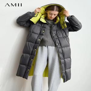 아미 다운 재킷 2025 겨울 신상 여성 루즈핏 탑 따뜻한 패딩 재킷 대비 색상 탈부착 가능한 모자 롱 아우터웨어 12444097