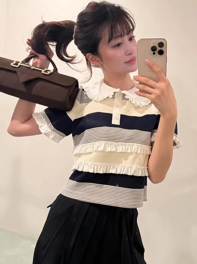 세련된 스트라이프 스플라이스 반팔 니트 셔츠 캐주얼 스타일 인형 칼라 탑 통기성 좋은 피부 친화적인 여성용 여름 상의