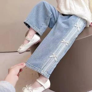 아기 소녀 봄 청바지 어린이 여름 보우 데님 바지 어린이 스트레이트 와이드 레그 바지 유아 가을 느슨한 의류 2-8Y