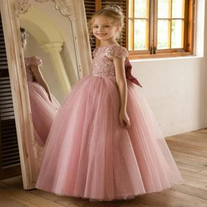 레이스 롱 플라워 걸 드레스, 웨딩용 반짝이 튤 V-백 캡 슬리브 프롬 파티 드레스, 리본 플라워 걸 드레스