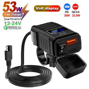 오토바이 USB 충전기 PD QC3.0 빠른 충전 60W 12-24V 스위치 전압계 포함 자동차 오토바이 ATV UTV 보트 RV용 방수