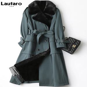 Lautaro 여성용 인조 모피 안감 트렌치 코트, 벨트 포켓, 더블 브레스트 럭셔리 모피 안감, 길고 따뜻한 두꺼운 공원, 겨울
