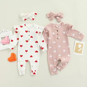 신생아 아기 소녀 발렌타인 데이 Romper Ruffle Ribbed Bodysuit 하트 점프 슈트 (머리띠 포함) 발렌타인 의상 0-18M
