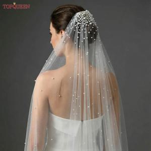 TOPQUEEN-진주 신부 베일 빗 웨딩 베일 1 계층 3 미터 럭셔리 롱 웨딩 베일, 신부 헤어 액세서리, 웨딩 V180