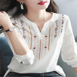 여성 봄 가을 흰 블라우스 탑 레이디 캐주얼 자수 v 넥 긴 소매 빈티지 루즈 블라우스 탑 DF4272